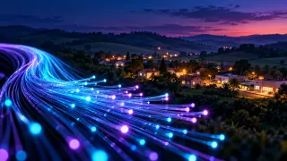 Ilustração de fibras ópticas iluminadas sobre uma paisagem do interior